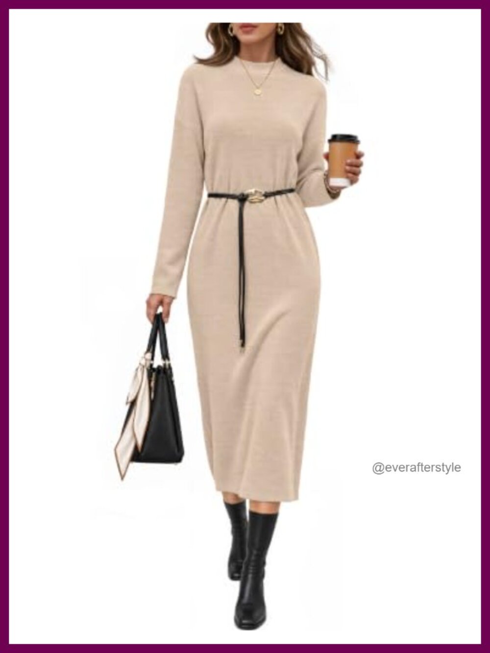 Women's Fall Sweater Dress Long Sleeve Mock Neck Midi Knit Dress